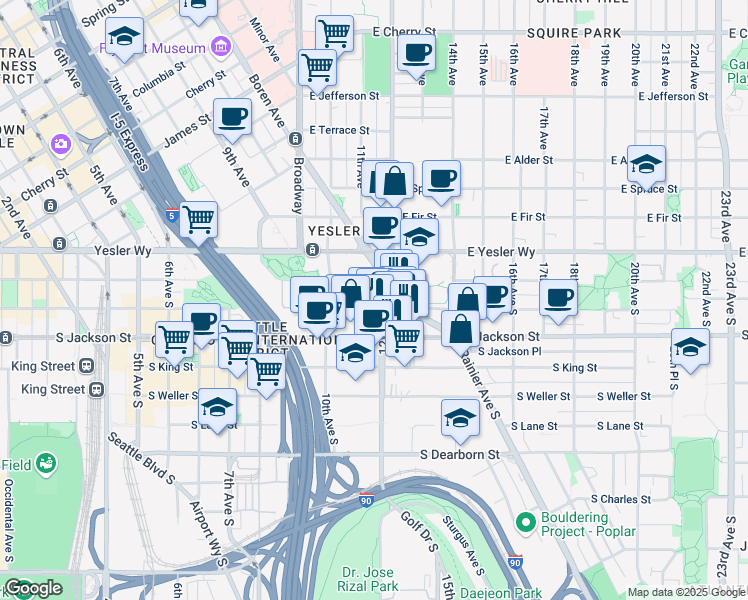 map of restaurants, bars, coffee shops, grocery stores, and more near 209 12th Avenue South in Seattle