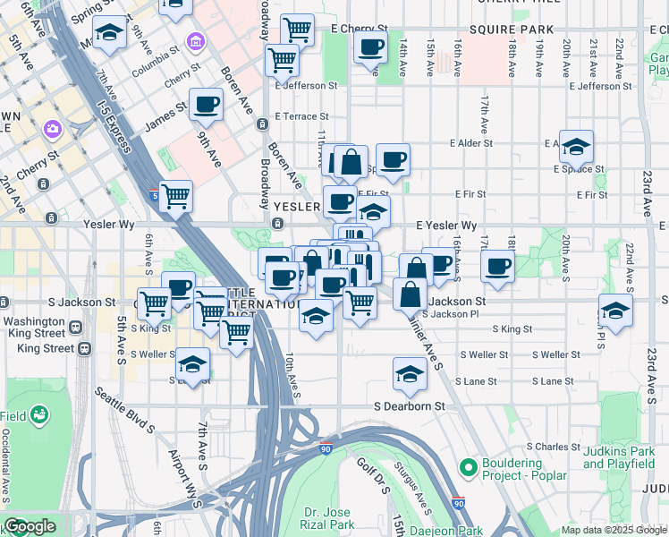 map of restaurants, bars, coffee shops, grocery stores, and more near 1044 South Washington Street in Seattle