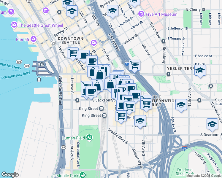 map of restaurants, bars, coffee shops, grocery stores, and more near 105 5th Avenue South in Seattle