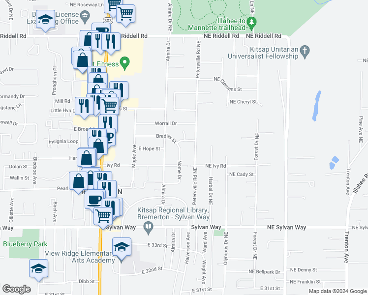 map of restaurants, bars, coffee shops, grocery stores, and more near 1516 Bradley Street in Bremerton