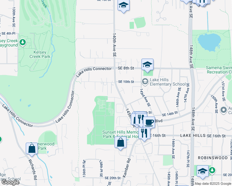 map of restaurants, bars, coffee shops, grocery stores, and more near 1027 140th Avenue Southeast in Bellevue