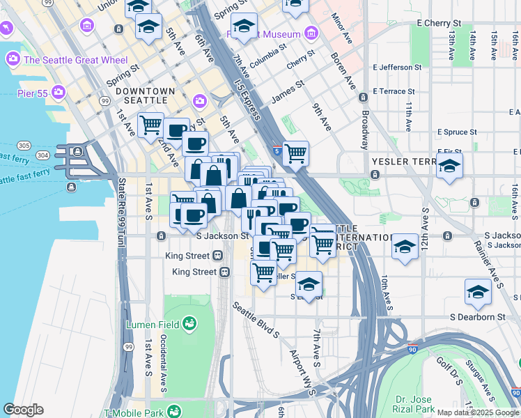 map of restaurants, bars, coffee shops, grocery stores, and more near 105 5th Avenue South in Seattle