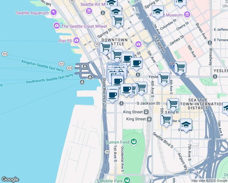 map of restaurants, bars, coffee shops, grocery stores, and more near in Seattle