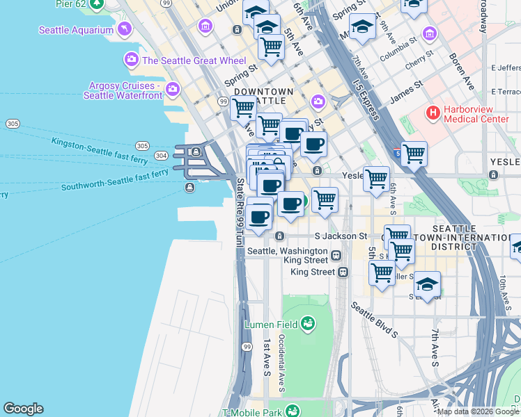 map of restaurants, bars, coffee shops, grocery stores, and more near in Seattle