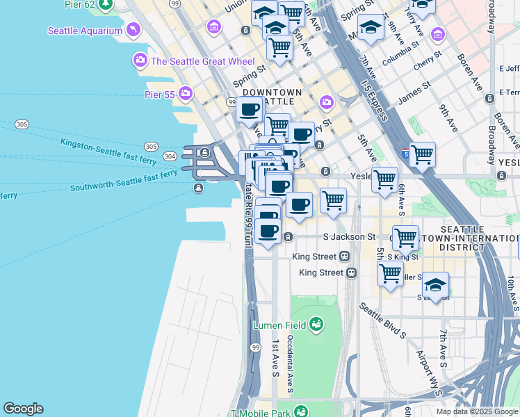 map of restaurants, bars, coffee shops, grocery stores, and more near 79 Yesler Way in Seattle