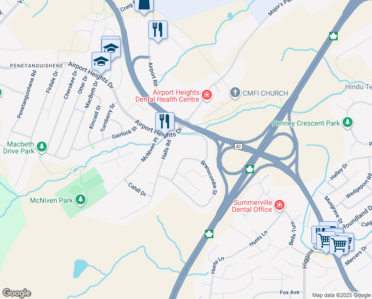 map of restaurants, bars, coffee shops, grocery stores, and more near 27 Rhodora Street in St. John's