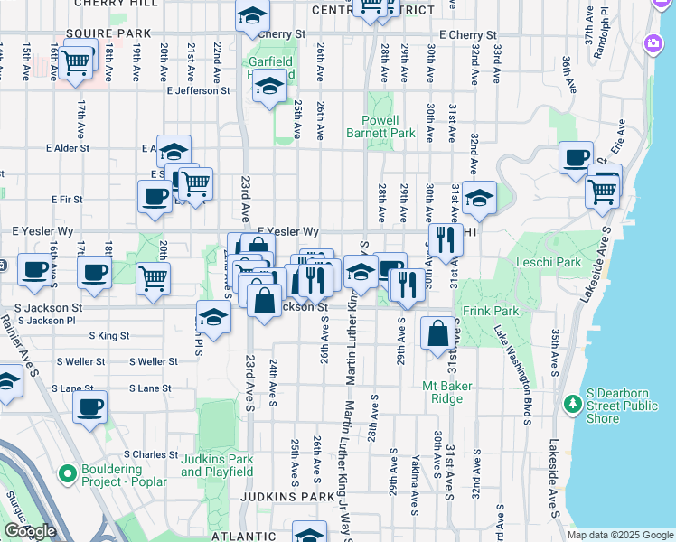 map of restaurants, bars, coffee shops, grocery stores, and more near 2605 East Yesler Way in Seattle
