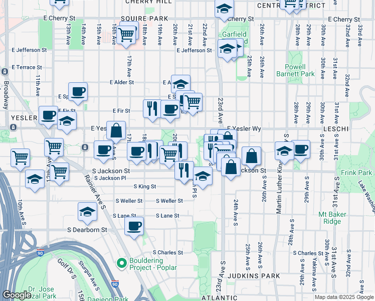 map of restaurants, bars, coffee shops, grocery stores, and more near 2001 East Yesler Way in Seattle