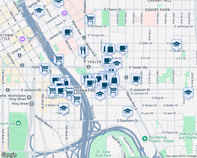 map of restaurants, bars, coffee shops, grocery stores, and more near 118 10th Avenue South in Seattle