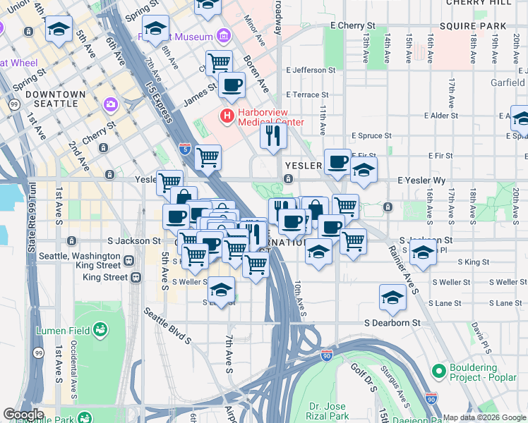 map of restaurants, bars, coffee shops, grocery stores, and more near 346 South Washington Street in Seattle