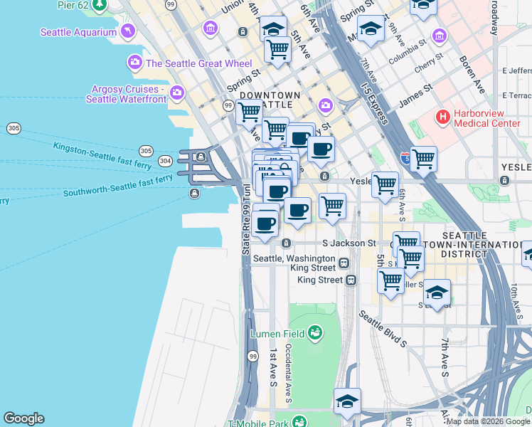 map of restaurants, bars, coffee shops, grocery stores, and more near 109 Occidental Avenue South in Seattle