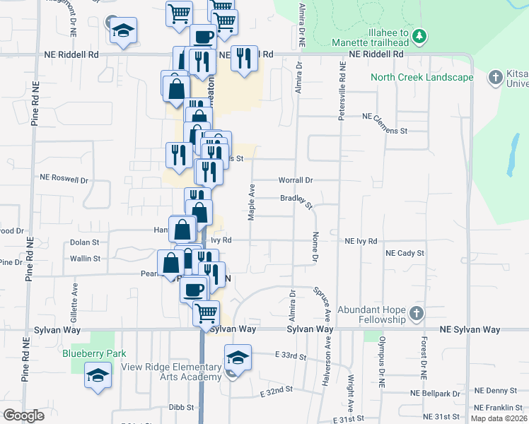 map of restaurants, bars, coffee shops, grocery stores, and more near 1328 Bradley Street in Bremerton
