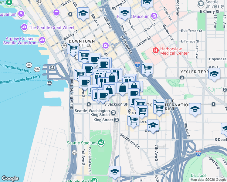 map of restaurants, bars, coffee shops, grocery stores, and more near 210 3rd Avenue South in Seattle