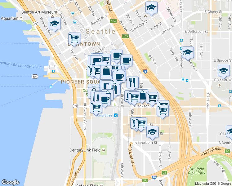 map of restaurants, bars, coffee shops, grocery stores, and more near 210 3rd Avenue South in Seattle