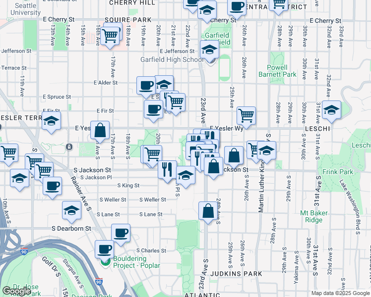 map of restaurants, bars, coffee shops, grocery stores, and more near 2100 South Main Street in Seattle