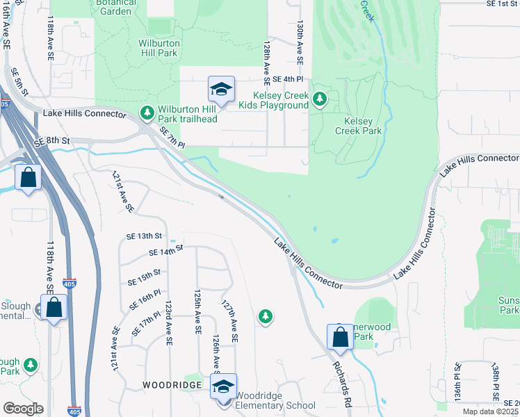 map of restaurants, bars, coffee shops, grocery stores, and more near Lake Hills Connector in Bellevue
