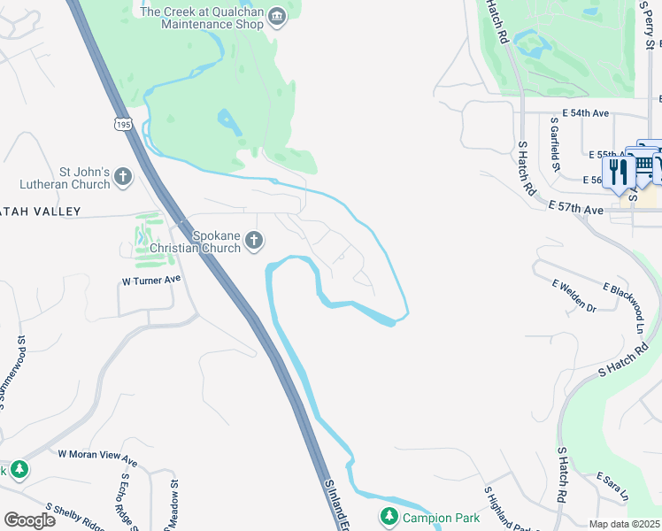 map of restaurants, bars, coffee shops, grocery stores, and more near 5719 South Pony Court in Spokane