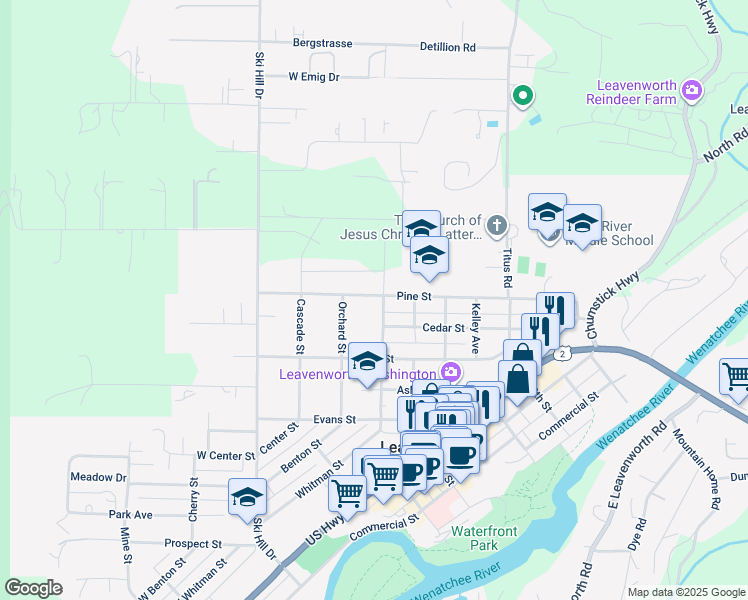 map of restaurants, bars, coffee shops, grocery stores, and more near 612 Central Avenue in Leavenworth