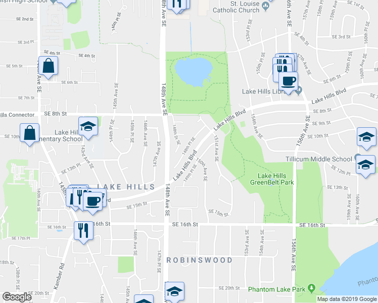 map of restaurants, bars, coffee shops, grocery stores, and more near 1052 148th Place Southeast in Bellevue
