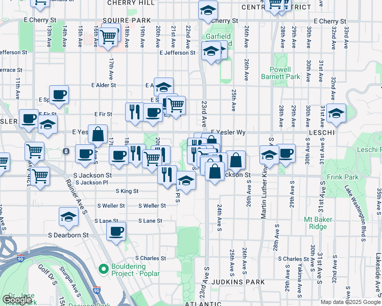 map of restaurants, bars, coffee shops, grocery stores, and more near in Seattle