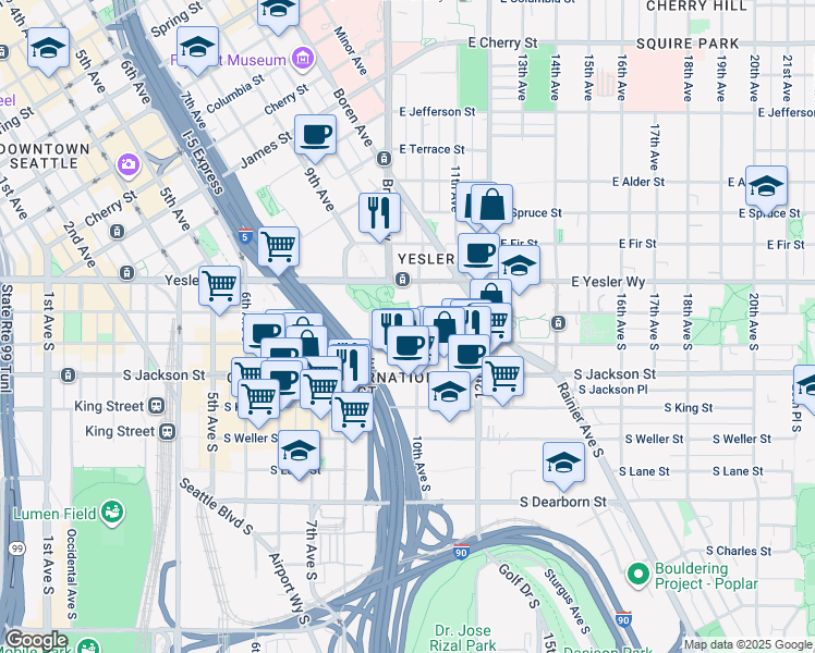 map of restaurants, bars, coffee shops, grocery stores, and more near in Seattle