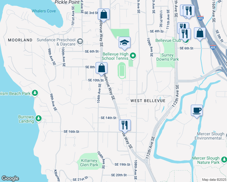 map of restaurants, bars, coffee shops, grocery stores, and more near 1028 Bellevue Way Southeast in Bellevue