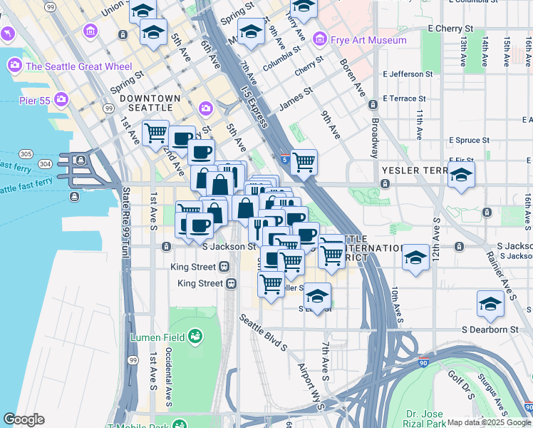 map of restaurants, bars, coffee shops, grocery stores, and more near 105 5th Avenue South in Seattle