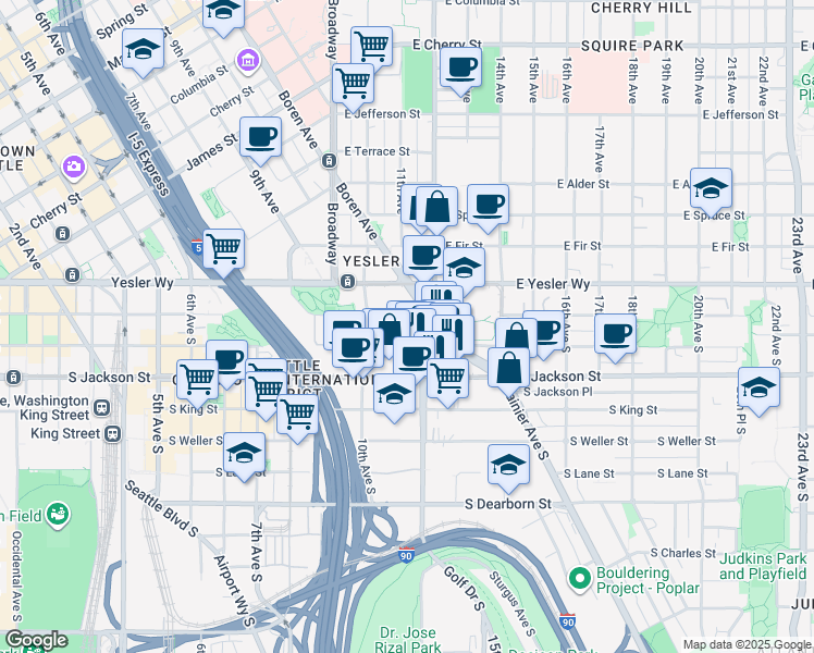 map of restaurants, bars, coffee shops, grocery stores, and more near 209 12th Avenue South in Seattle