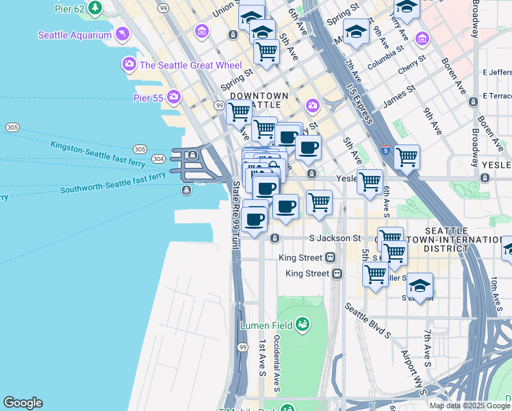 map of restaurants, bars, coffee shops, grocery stores, and more near 109 Occidental Avenue South in Seattle