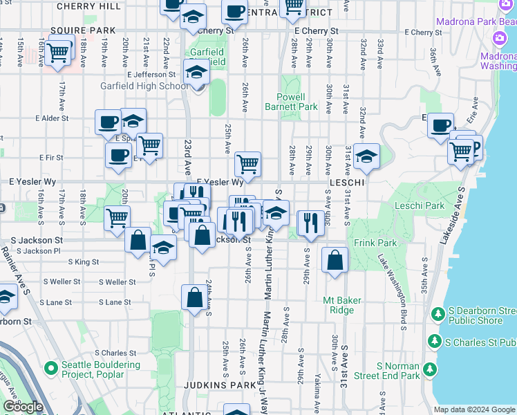 map of restaurants, bars, coffee shops, grocery stores, and more near 2605 East Yesler Way in Seattle