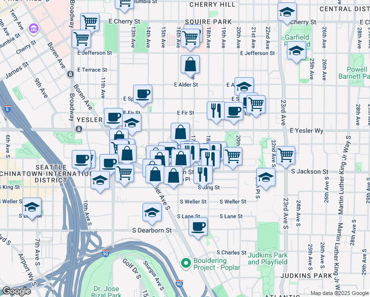 map of restaurants, bars, coffee shops, grocery stores, and more near 165 16th Avenue South in Seattle