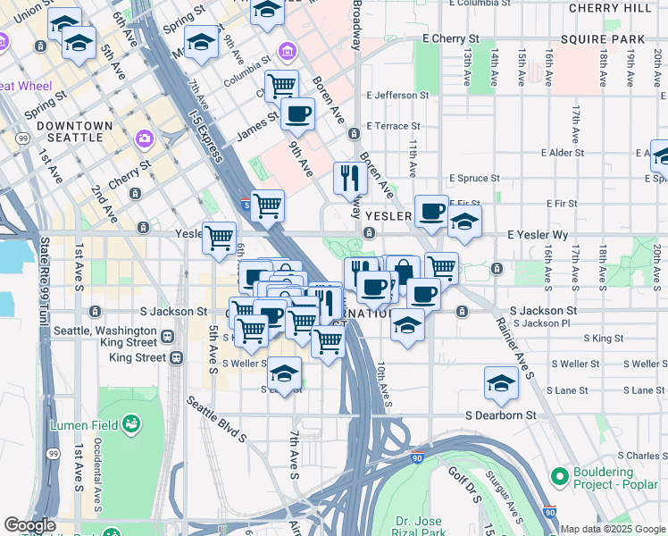 map of restaurants, bars, coffee shops, grocery stores, and more near 346 South Washington Street in Seattle