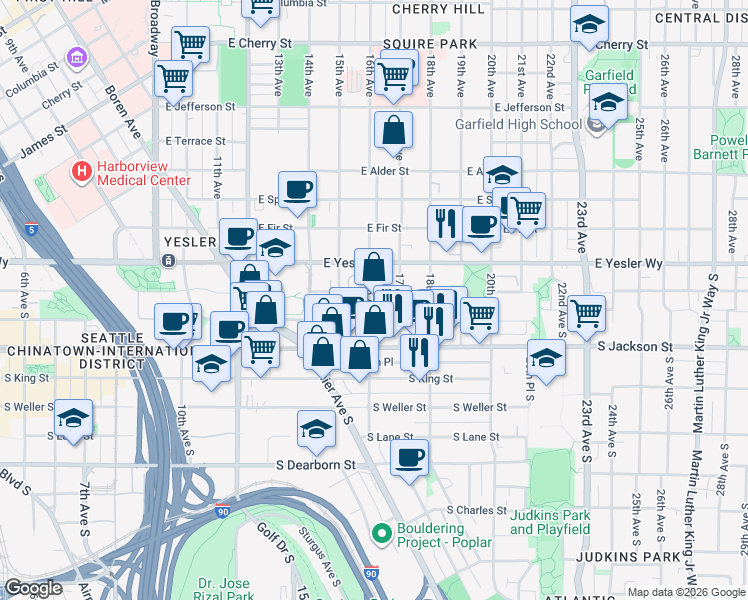 map of restaurants, bars, coffee shops, grocery stores, and more near 165 16th Avenue South in Seattle