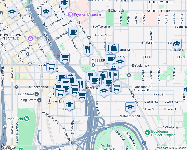 map of restaurants, bars, coffee shops, grocery stores, and more near 221 10th Avenue South in Seattle