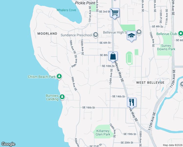 map of restaurants, bars, coffee shops, grocery stores, and more near 206 Northside Road in Bellevue