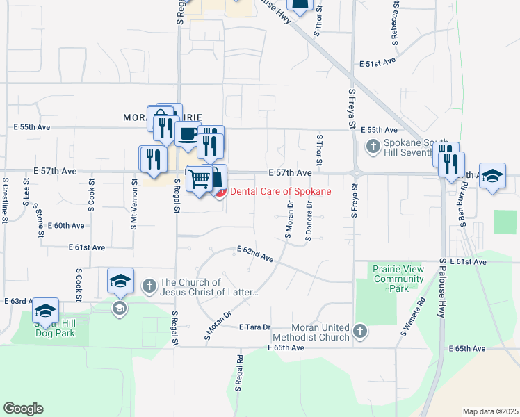 map of restaurants, bars, coffee shops, grocery stores, and more near 5801 South Hailee Lane in Spokane