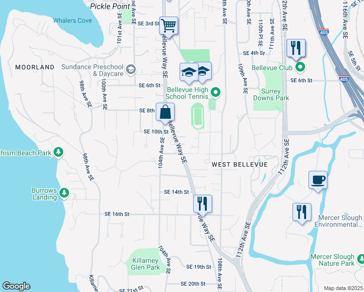map of restaurants, bars, coffee shops, grocery stores, and more near 1004 Bellevue Way Southeast in Bellevue