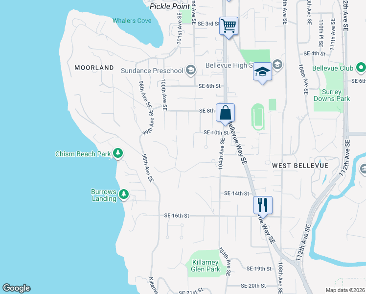 map of restaurants, bars, coffee shops, grocery stores, and more near 206 Northside Road in Bellevue