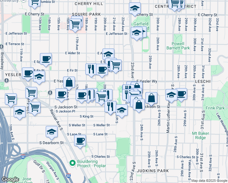 map of restaurants, bars, coffee shops, grocery stores, and more near 2001 East Yesler Way in Seattle
