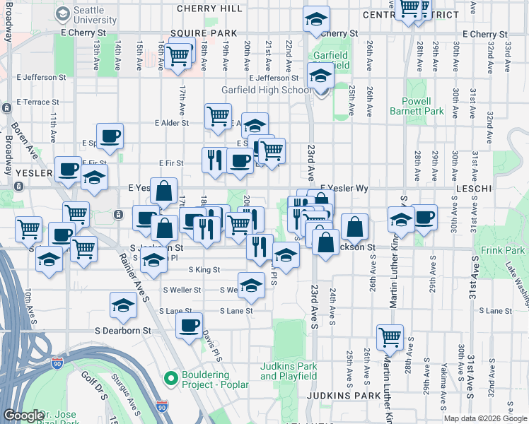 map of restaurants, bars, coffee shops, grocery stores, and more near 2001 East Yesler Way in Seattle