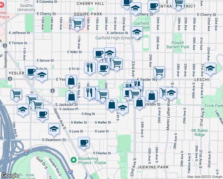 map of restaurants, bars, coffee shops, grocery stores, and more near 2001 East Yesler Way in Seattle