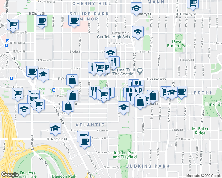 map of restaurants, bars, coffee shops, grocery stores, and more near 2001 East Yesler Way in Seattle