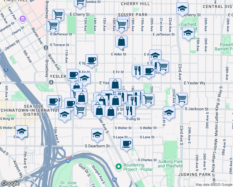 map of restaurants, bars, coffee shops, grocery stores, and more near South Washington Street in Seattle
