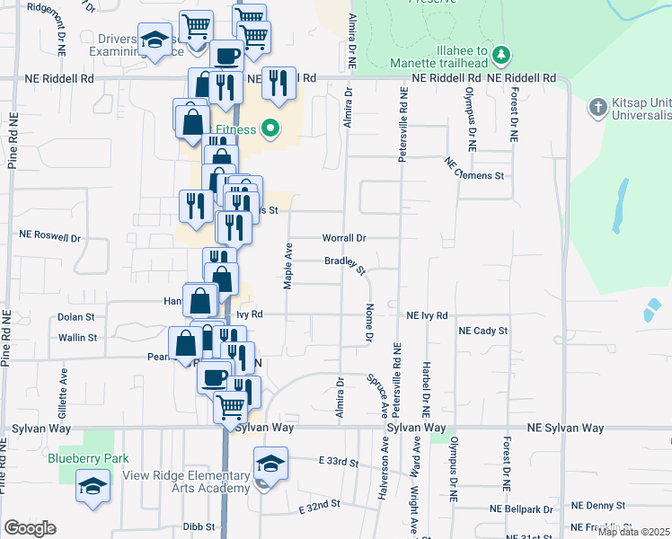 map of restaurants, bars, coffee shops, grocery stores, and more near 1403 Bradley Street in Bremerton