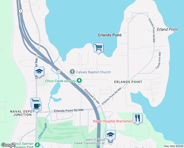 map of restaurants, bars, coffee shops, grocery stores, and more near 3769 Northwest Linden Lane in Bremerton
