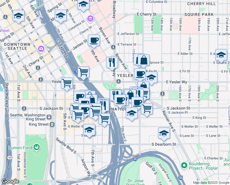 map of restaurants, bars, coffee shops, grocery stores, and more near 199 10th Avenue South in Seattle