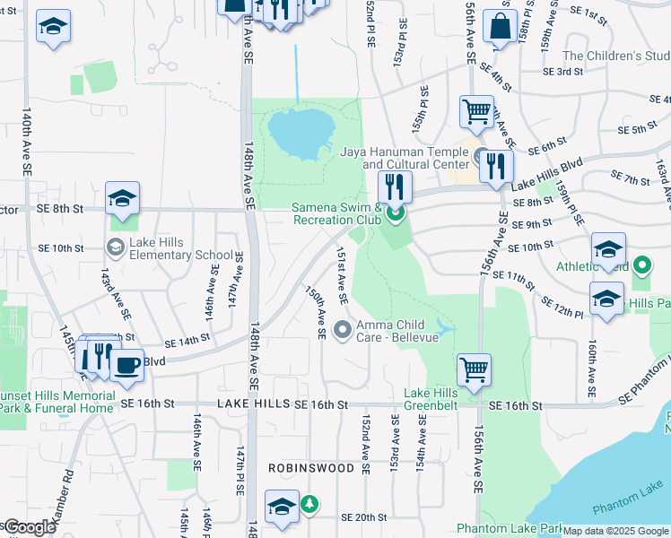 map of restaurants, bars, coffee shops, grocery stores, and more near 1050 149th Place Southeast in Bellevue