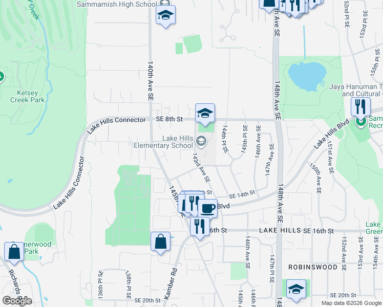 map of restaurants, bars, coffee shops, grocery stores, and more near 14310 Southeast 12th Street in Bellevue