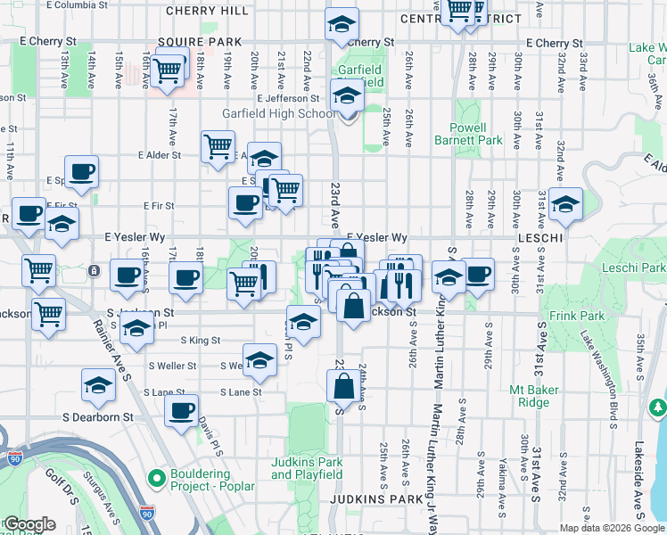 map of restaurants, bars, coffee shops, grocery stores, and more near in Seattle