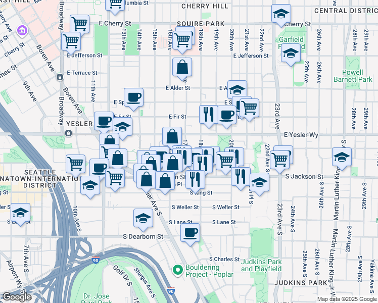 map of restaurants, bars, coffee shops, grocery stores, and more near 200 17th Avenue South in Seattle